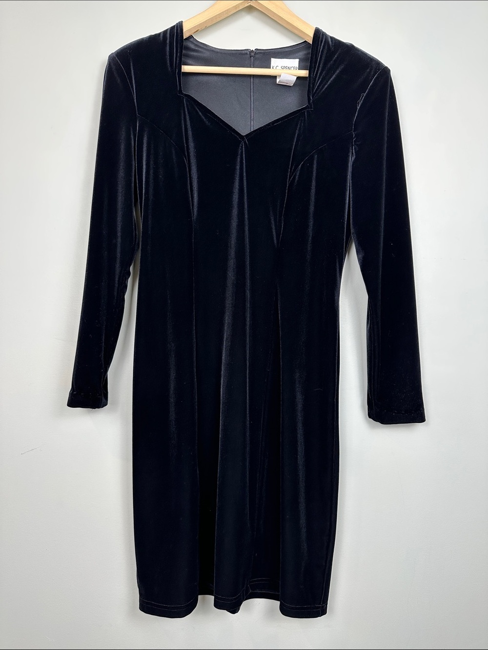 Vintage K.C. SPENCER velvet, long, sleeved dress, sweetheart neckline romantic